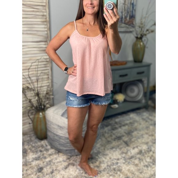 ❤️‍🔥Scoop Neck Spaghetti Strap Floaty Textured Tank Shirt Top Blush Pink 2322 - Picture 3 of 9